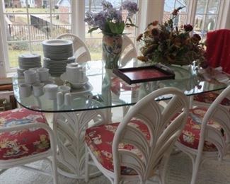 Rattan Table with Thick Glass Top and 6 Chairs, Flower Arrangements, Set of White China