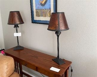 MISSION STYLE CONSOLE AND PAIR OF LAMPS