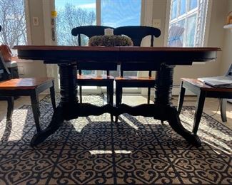 BLACK WITH NATURAL TOP!                                      REFRACTORY(HIDDEN LEAVES) FARM TABLE WITH 6 CHAIRS.