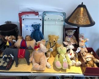 Steiff bears, camel & elephant with boxes