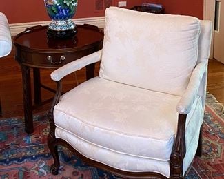 White chair (29Wx25Hx27D) and Baker Historic Charleston collection round side table