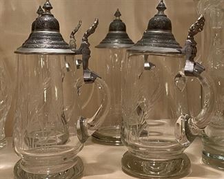 glass steins with pewter tops - 2 clear, 2 etched