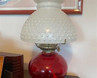 Ruby red oil lamp & white Hobnail shade