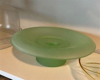 Green satin glass cake plate