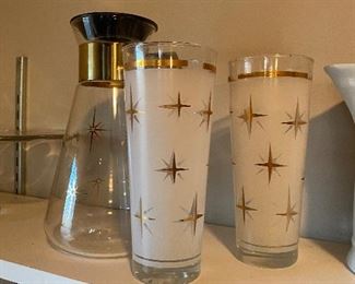 Mid -century modern glasses sunburst & pitcher
