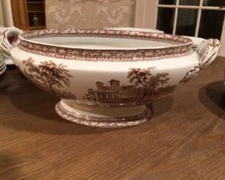 Brown transferware tureen $65