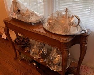 4 silver plated coffee/tea sets with platters