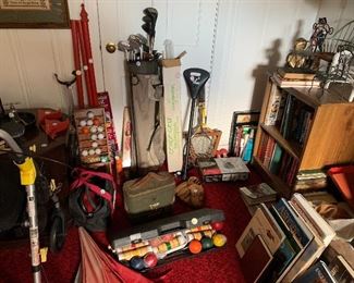set of mens and womens golf clubs, croquet set, books, rollator, vintage tennis rackets
