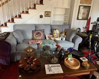 Couch, coffee table and 2 end tables. various chip and dip, vintage charcoal prints