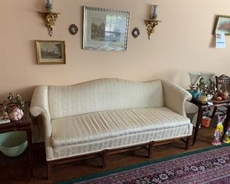 Chippendale white couch, paintings, sconces, set of end tables