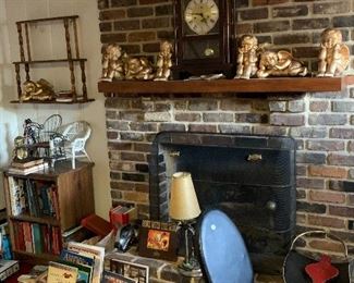 Recumbent exercise bike,mantle clock , Christmas angels,lamps, tiered shelving unit