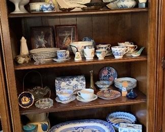 Teapots, blue and white platters and decorative ware