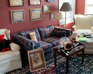sleeper love seat 2 chairs, butlers coffe table, prints, lamps, Boxes of picture frames, oriental rug,