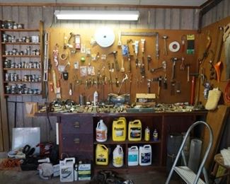 Hand tools, power tools jars of  screws etc.