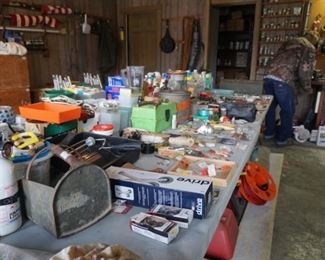 Grain scoop, fishing tackle , hand tools and lots of misc.