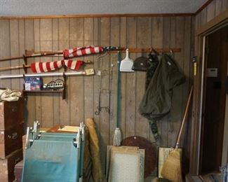 military duffel bag, flags, cots, storage boxes