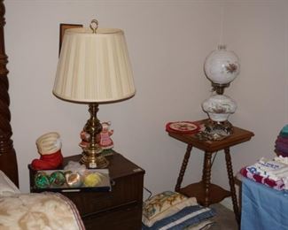 vintage paper mache' Santa boot,  Oak accent table $35, 2 drawer night stand, Lamps