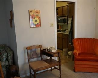Vintage telephone table/gossip bench $125                       
1of 2 vintage orange chairs $150 each