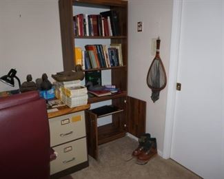 Vintage Trout  fish net with a wrapped handle, Orvis Fly Fishing boots, fly fishing tie kit, fishing books                                                                                              
