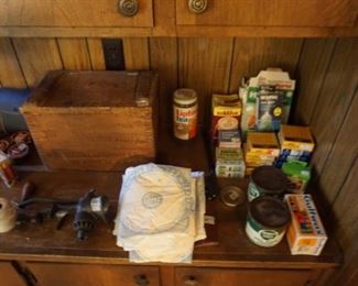 Western ammo box, Golden mills 100lb flour sacks, assorted collectible advertising