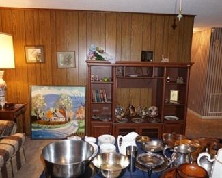 Lighted entertainment center  $50,                       
Rembrandt lamp, assorted SP, large SS bowl