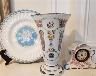 Royal Doulton plate, Bohemian glass vase, old porcelain clock (no signature/name)