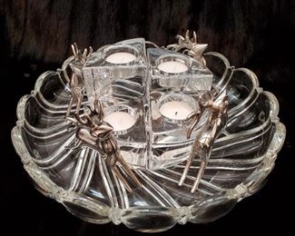 Orrefors quartet votive holder set; glossy pewter reindeer ornaments. 