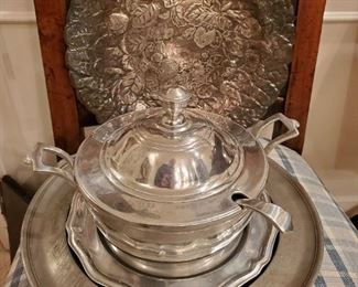 Reed & Barton fruit and leaf platter, Wilton-Columbia Tureen, Buenlum aluminum