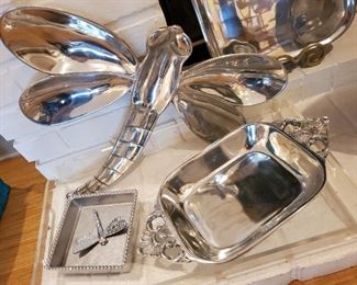 Large Mariposa pewter dragonfly tray; pewter napkin holder with dragonfly weight