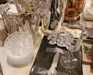 Arthur Court ice bucket; Nambe pewter wine chiller, cut crystal coasters, marble & pewter cheese plate