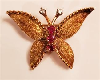 Vintage 14k butterfly brooch with diamonds and garnets