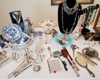 Sterling candelabra parts, dresser set, vintage blue opalescent glass bowl, Meissen blue onion, vintage sterling drink straws, Royal Selangor wine funnel, Russian lacquer box