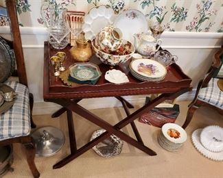 Cut crystal pitcher, Waterford martini glasses (2), Venus hors d'oevres forks, Stangl Granada gold 4060 pitcher, Calpotter Roses with gold bowl and vase, E&R Bavaria "Orchard" Plates (4)