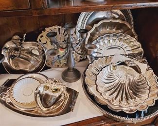 Vintage lead candelabra (Holland) Silverplate shell bowls, several silverplate bowls and trays
