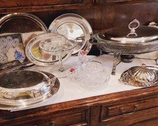 American Brilliant; silverplate; etched crystal compote/footed candy dish