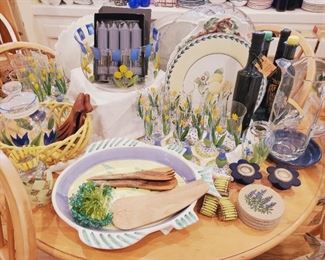 Huge collection of hand painted wine glasses, vases, bowls (only partially shown); cute yellow and blue serving pieces