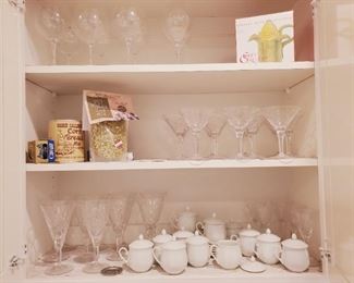 Wine glasses, champagne glasses, martini glasses, creamer/sugar sets (multiple)