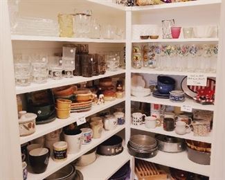 Pantry full of vintage glasses, pottery, bakeware, case plates, small appliances, wine glasses and more (partial picture)