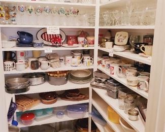 Pantry full of vintage glasses, pottery, bakeware, case plates, small appliances, wine glasses and more (partial picture)