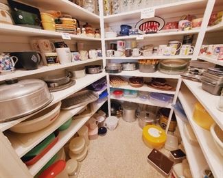 Pantry full of vintage glasses, pottery, bakeware, case plates, small appliances, wine glasses and more (partial picture)