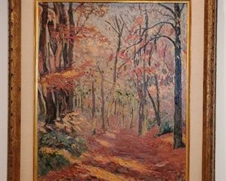 Unsigned original oil, fall path through the woods