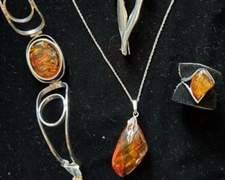 Amber and sterling, bracelet, necklace, brooch and ring