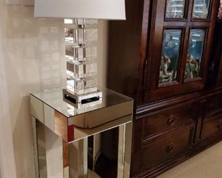 Mirrored side table; glass block lamp