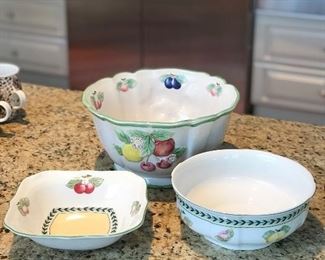 Villeroy & Boch French porcelain: Square bowl 8", $25; Round bowl 8.5", $35; Large round bowl (has chip in it) 11", $20.