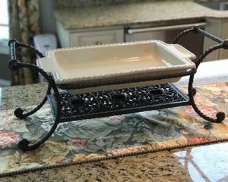 Heavy wrought iron warming tray w/casserole dish, 9" x 13".  $35