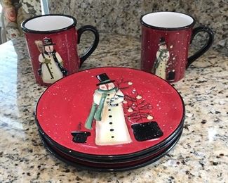 3 snowman dessert plates + 2 mugs( there a few chips in one mug, mostly underneath the mug),  Was $6, NOW $3