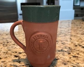 Terra cotta mug with green rim, 5.5"H,  was $7, NOW $4