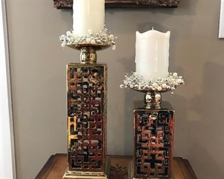 Pair of gold candle holders, 14" and 10"H, was $40, Now $25