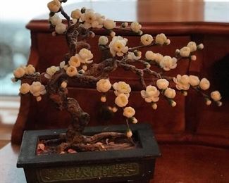 Faux Bonsai tree, fabric flowers,  11"W x 10"H, $10