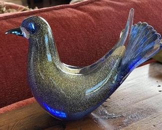Murano, blue glass bird w/ gold flecks, blue beak, blue eyes,  6.5"L x 4.75"H,  $75